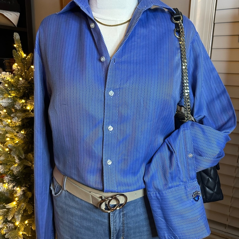 Thomas Pink “Men's” Blue Herringbone Shirt 100% Cotton